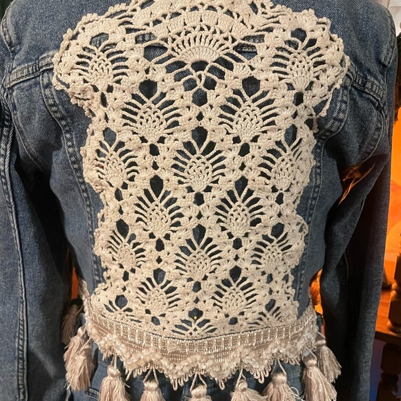 Women's Denim Jean Jacket with Tassel Trim, Backside Embellished with Crochet - Picture 6 of 6
